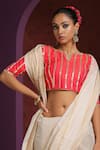 Weaver Story_Red Raw Silk Hand Embroidered Sequins Notched Striped Blouse _Online_at_Aza_Fashions