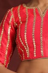 Buy_Weaver Story_Red Raw Silk Hand Embroidered Sequins Notched Striped Blouse _Online_at_Aza_Fashions