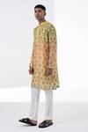 Shop_Siddhartha Bansal_Yellow Chanderi Printed Floral Sunkissed Ombre Kurta Set _Online_at_Aza_Fashions