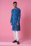 Shop_Siddhartha Bansal_Blue Cotton Dobby Stripe Printed Royal Chintz Mandarin Collar Kurta Set  _Online_at_Aza_Fashions