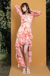 Buy_Mandira Wirk Resort_Orange Chiffon Maple Leaves V Neck Print Wrap Dress _Online_at_Aza_Fashions