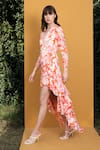 Mandira Wirk Resort_Orange Chiffon Maple Leaves V Neck Print Wrap Dress _at_Aza_Fashions