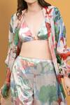 Shop_Mandira Wirk Resort_Green Georgette And Organza Hibiscus Print & Sequin V Embroidered Cape & Pant Set _at_Aza_Fashions