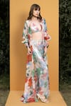 Shop_Mandira Wirk Resort_Green Georgette And Organza Hibiscus Print & Sequin V Embroidered Cape & Pant Set _Online_at_Aza_Fashions
