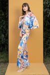 Buy_Mandira Wirk Resort_Blue Satin Hawaii Print V Neck Wrap Top And Bell Bottom Set_Online_at_Aza_Fashions