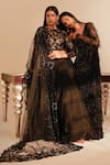 Premya By Manishii_Black Tulle Embroidery Sequin Round Floral Blouse Lehenga Set _Online_at_Aza_Fashions