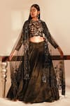 Shop_Premya By Manishii_Black Tulle Embroidery Sequin Round Floral Blouse Lehenga Set _Online_at_Aza_Fashions