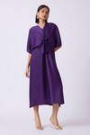 Shop_Scarlet Sage_Purple Polyester V-neck Pleated And Flared A-line Dress _Online_at_Aza_Fashions
