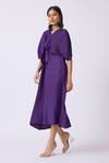 Scarlet Sage_Purple Polyester V-neck Pleated And Flared A-line Dress _at_Aza_Fashions