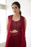 Buy_Mishru_Red Organza Embroidered Sequin Jacket Open Emerie Draped Skirt Set _Online_at_Aza_Fashions