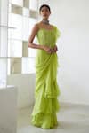 Mishru_Green Noemi Pre-draped Ruffle Saree And Corset Set_Online_at_Aza_Fashions