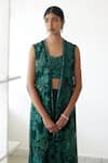 Mishru_Green Organza Embroidered Floral Crop Vera Jacket And Flared Pant Set _Online_at_Aza_Fashions