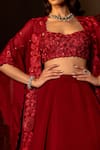 Mishru_Red Cape And Skirt Organza Embroidery Floral Leia Lehenga Set _Online_at_Aza_Fashions