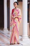 Dressfolk_Peach Linen Beads Stripe Pattern Saree With Running Blouse_Online_at_Aza_Fashions