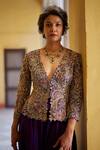 Shop_Mrunalini Rao_Purple Jacket Raw Silk Embroidered Resham V Neck Paisley And Flared Pant _Online_at_Aza_Fashions