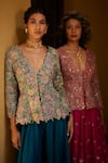 Shop_Mrunalini Rao_Blue Jacket Raw Silk Embroidered Resham And Zardozi Work Peplum Flared Pant Set _at_Aza_Fashions