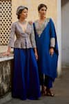 Shop_Mrunalini Rao_Blue Pure Silk Applique Embroidered Placement Kaftan And Pant Set For Women_at_Aza_Fashions