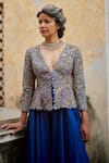 Mrunalini Rao Blue Silk Embroidery V-, Plunge Peplum Jacket Pant Set at Aza Fashions Mrunalini Rao_Blue Silk Embroidery V-, Plunge Peplum Jacket Pant Set _at_Aza_Fashions