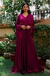 Buy_OMANA BY RANJANA BOTHRA_Purple Satin Sequin V Neck Mulburry Flared Gown _Online_at_Aza_Fashions