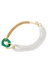 ISHARYA_White Green Mirror Inter-link Asymmetric Pearl Necklace _Online_at_Aza_Fashions