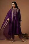 OMI_Purple Silk, Chanderi Embroidery, Zari V-neck Flared Kurta Set _Online_at_Aza_Fashions