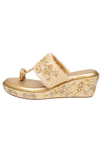 Kkarma Accessories_Gold Neemrana Embroidered Kolhapuri Wedges _Online_at_Aza_Fashions