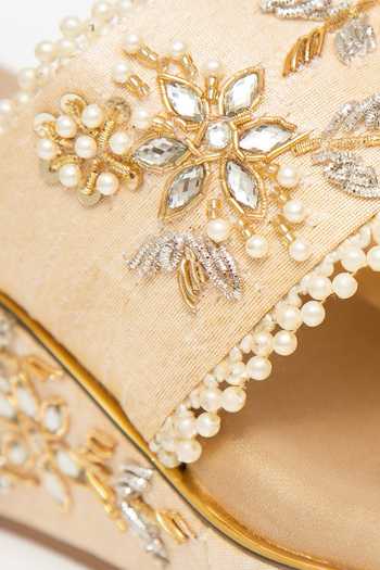 Shop_Kkarma Accessories_Gold Neemrana Embroidered Kolhapuri Wedges _Online_at_Aza_Fashions
