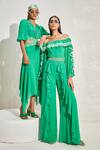 NAMRATA JOSHIPURA_Green Georgette Hand Embellished Floral Scallop Frill Sleeve Jumpsuit _Online_at_Aza_Fashions