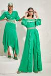 Buy_NAMRATA JOSHIPURA_Green Georgette Hand Embellished Floral Scallop Frill Sleeve Jumpsuit _Online_at_Aza_Fashions