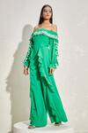 Shop_NAMRATA JOSHIPURA_Green Georgette Hand Embellished Floral Scallop Frill Sleeve Jumpsuit _Online_at_Aza_Fashions