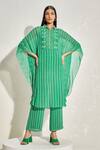 Namrata Joshipura_Green Georgette Striped Patterns Collared Aster Kaftan And Pant Set _Online_at_Aza_Fashions