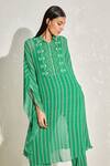Shop_Namrata Joshipura_Green Georgette Striped Patterns Collared Aster Kaftan And Pant Set _Online_at_Aza_Fashions