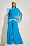 Buy_NAMRATA JOSHIPURA_Blue Georgette Hand Embellished Floral Patterns Round Wisteria Cape Jumpsuit_Online_at_Aza_Fashions
