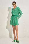 Namrata Joshipura_Green Georgette Hand Embellished Geometric Aster Striped Playsuit _Online_at_Aza_Fashions