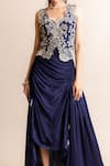 Nupur Kanoi_Blue Crepe Hand Embroidery Mirror Work Scallop V Waistcoat And Skirt Set _Online_at_Aza_Fashions
