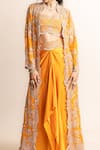 Nupur Kanoi_Orange Satin Hand Embroidery Mirror Work Long Jacket And Skirt Set  _Online_at_Aza_Fashions