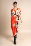 Nupur Kanoi_Orange Crepe Digital Print Floral Pattern V Floret Gathered Dress  _at_Aza_Fashions