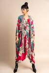 Buy_Nupur Kanoi_Magenta Satin Embroidery V-neck Floret Print Kaftan _Online_at_Aza_Fashions