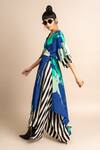 Nupur Kanoi_Blue Crepe Digital Print Striped And Floret Kaftan & Draped Pant Set  _at_Aza_Fashions