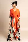 Nupur Kanoi_Orange Crepe Digital Print Striped And Flower Kaftan & Draped Pant Set  _Online_at_Aza_Fashions