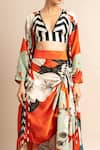 Nupur Kanoi_Orange Crepe Digital Print Striped And Floral Kimono Jacket & Skirt Set  _at_Aza_Fashions