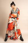 Nupur Kanoi_Orange Crepe Digital Print Striped And Floral Kimono Jacket & Skirt Set  _Online_at_Aza_Fashions