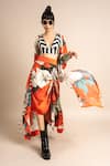 Buy_Nupur Kanoi_Orange Crepe Digital Print Striped And Floral Kimono Jacket & Skirt Set  _Online_at_Aza_Fashions