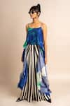 Shop_Nupur Kanoi_Blue Satin Digital Print Striped And Singlet Top & Lungi Skirt Set _Online_at_Aza_Fashions