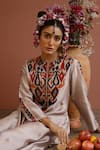 Neha Poddar_Beige Silk Embroidery Mirror Notched Applique Work Asymmetric Hem Dress _Online_at_Aza_Fashions