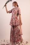 Label Shristi Chetani_Pink Crepe, Georgette Beads Scoop Neck Floral Embellished Kurta Sharara Set_Online_at_Aza_Fashions