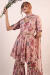 Buy_Label Shristi Chetani_Pink Crepe, Georgette Beads Scoop Neck Floral Embellished Kurta Sharara Set_Online_at_Aza_Fashions