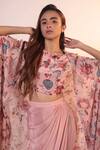 Buy_Label Shristi Chetani_Pink Crepe, Georgette Beads Round Neck Floral Pattern Cape Skirt Set _Online_at_Aza_Fashions
