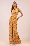 LABEL SHRISTI CHETANI_Yellow Crepe Embellishment Beads V Floral Pattern Crop Top And Flared Pant Set _at_Aza_Fashions