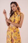 Buy_LABEL SHRISTI CHETANI_Yellow Crepe Embellishment Beads V Floral Pattern Crop Top And Flared Pant Set 